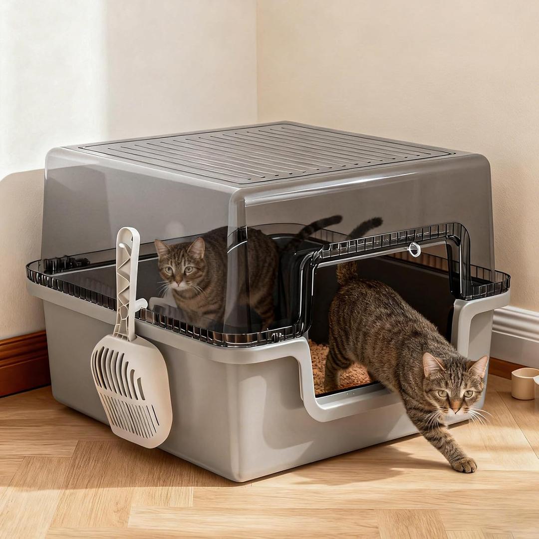 Oneluck Large Cat Litter Box with Transparent Covered,Mat and Scoop, Convenient for Observing Cats, Front Door Flap for Privacy, Gray (Light Grey)
