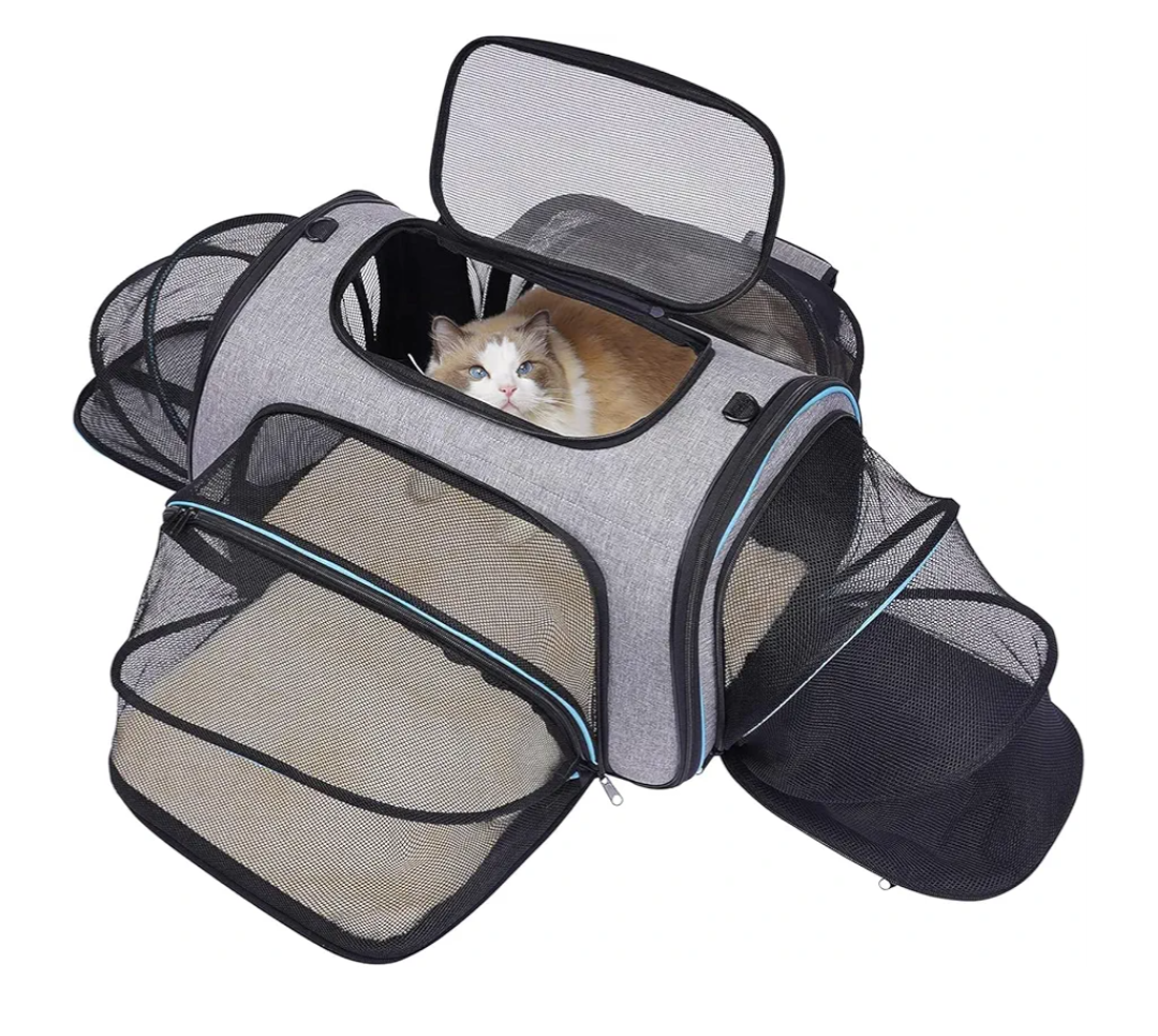 Siivton 4 Sides Expandable Pet Carrier, Airline Approved Soft-Sided Dog Cat Carrier Bag with Fleece Pad for Cats, Puppy and Small Animals (4 Extension Gray_Blue, L:18.0" L x 11.0" W x 11.0" H)