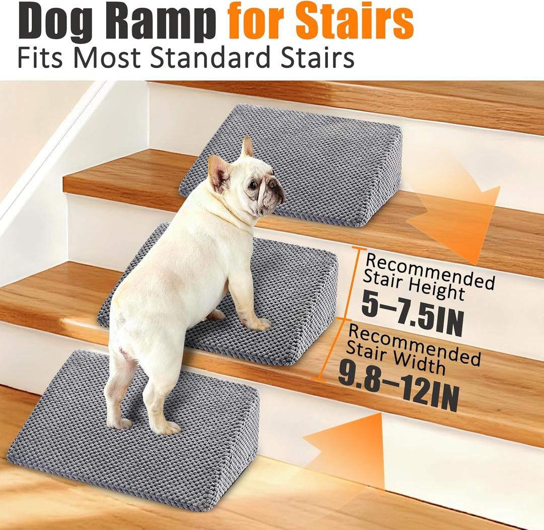 Dog Ramp for Stairs for Small & Senior Dogs and Cats – NonSlip Stair Wedges for Dogs with Gentle Slope, Pet Ramp with Washable Cover & SelfSticky Pads for Safe Climbing (Gray, 6 Pack)