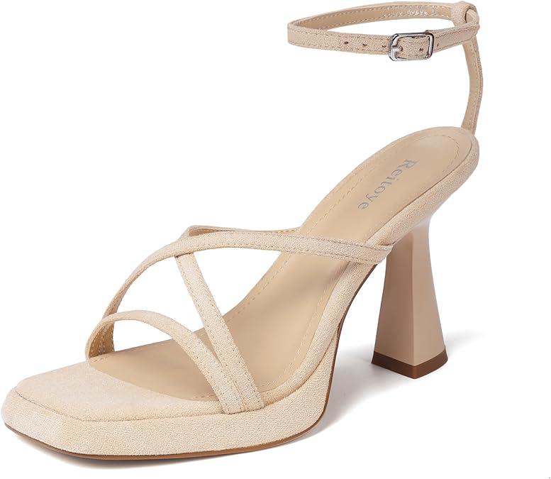 Reitoye Strappy Heels for Women Platform High Chunky Heels Square Open Toe Heeled Sandals Ankle Strap Block Heels, 8