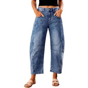 GRAPENT Barrel Jeans for Women Trendy High Waisted Wide Leg Baggy Cropped Relax Fit Stretch Denim Trouser Ankle Pants (Small, Midnight Blue)