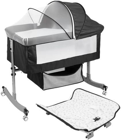 Rodiuiu 4 in 1 Baby Bassinet with Wheels Brakes, Oversized Diaper Station Scicntifc 6-Spccd adiustmcnt Level Portable Baby Crib with Mosquito Net, Convertible Cradle Black