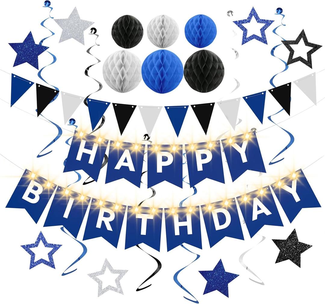 Birthday Decorations,Blue Silver Happy Birthday Banner with Fairy lights,Pennant Banner,Honeycomb Balls and Star Hanging Swirls Streamer Happy Birthday Party Decorations for Women Men Boys Girls
