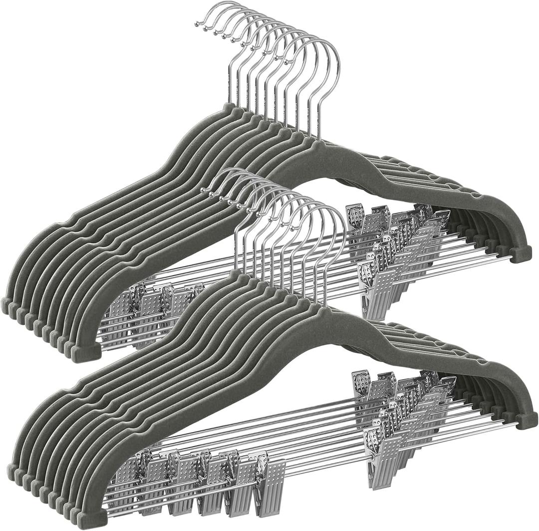 SONGMICS 11-Pack Pants Hangers, 16.7-Inch Long Velvet Hangers with Adjustable Clips, Heavy-Duty, Non-Slip Skirt Hangers, Space-Saving for Pants, Skirts, Coats, Dresses, Gray UCRF012G20