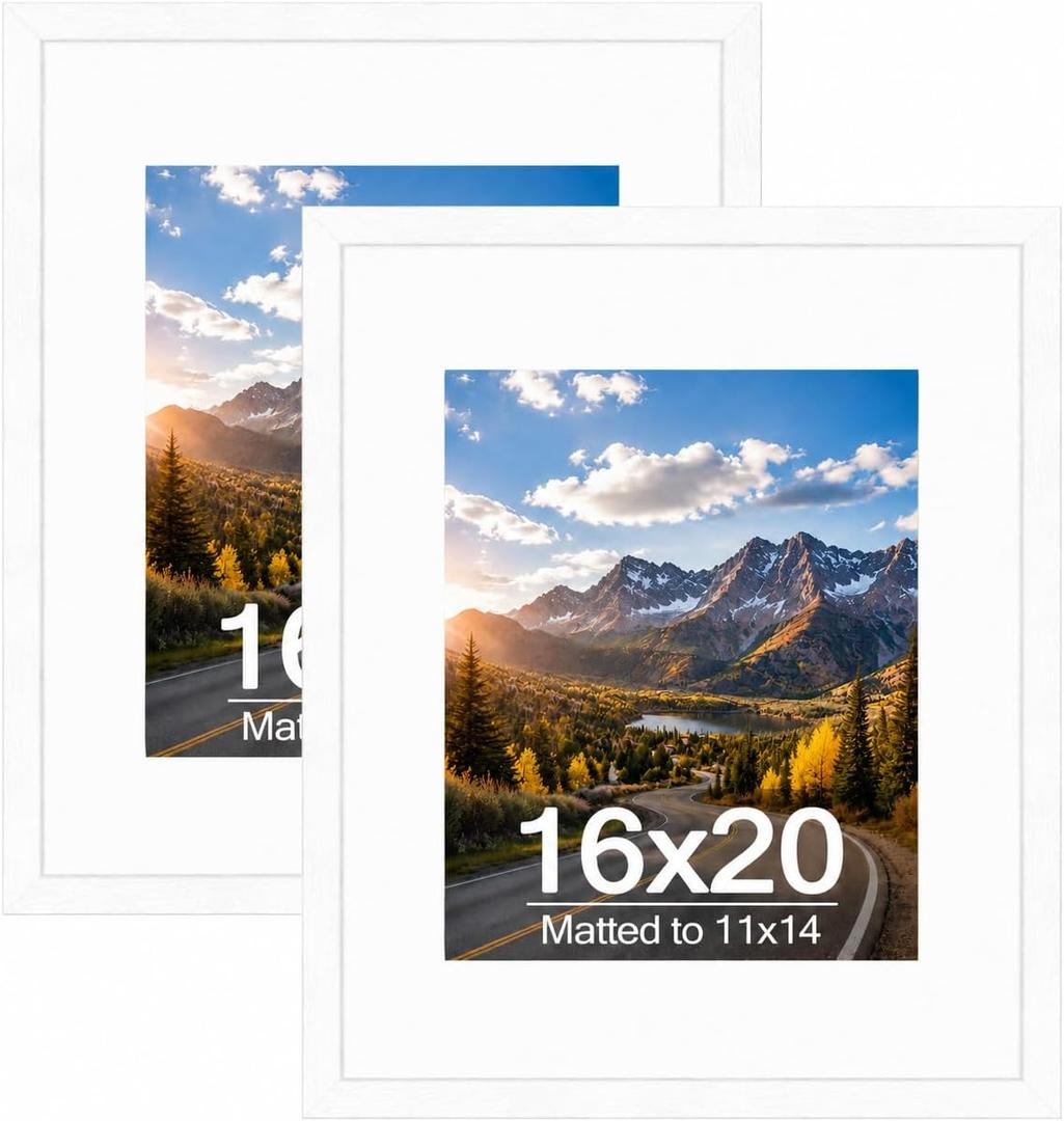 Wood 16x20 Picture Frame with 11x14 Mat White, Display 11x14 with Mat or 16x20 Without Mat, Wood 16 by 20 Photo Frame, 16 x 20 Frame for Wall Hanging Display, White, 2 Pack