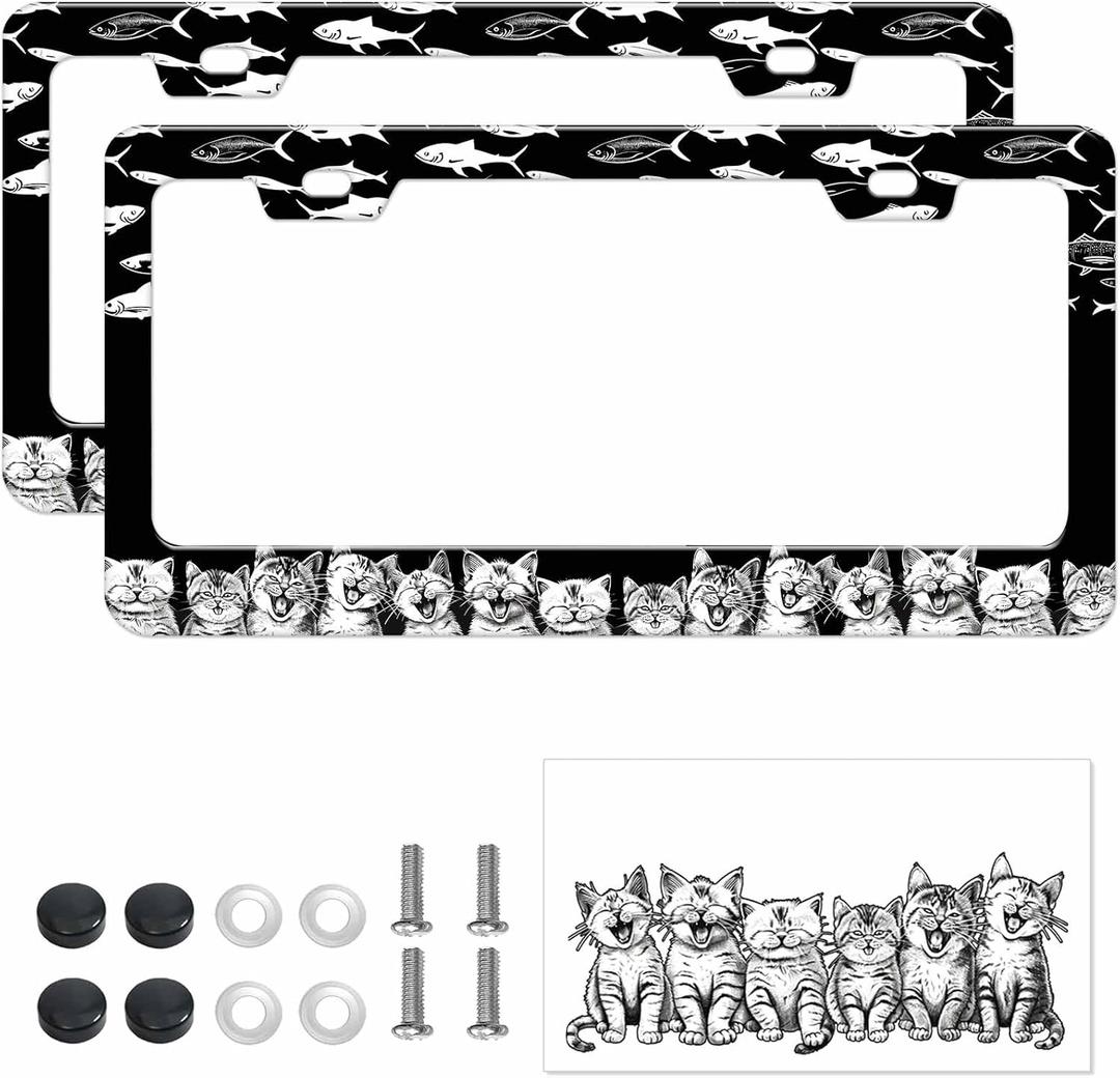 2pcs Black White Cat Fish Plate Frame for Women, Kitten Fish car tag Frames Girly for Vehicle with Non Adhesive Electrostatic Sticker