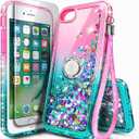 NGB Designed for iPhone SE (3rd 2022 & 2nd Gen 2020)/iPhone 8/7/6/6S Case, Pink/Aqua | Glitter Liquid Cute Cover for Women Girls Kids | with Tempered Glass Screen Protector & Ring Holder-Wrist Strap