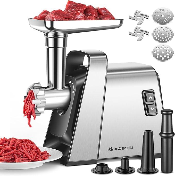 AAOBOSI #10 Meat Grinder Electric [3000W] Heavy Duty Stainless Steel Meat Mincer with 3 Grinding Plates, 3 Sausage Stuffer Tubes & Kubbe Attachments,Easy One-Button Control