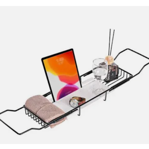 MARBBNEST Bathtub Tray Caddy for Luxury Bath Expandable Extra Wide Bath Tub Tray with Natural Marble Tray and Mobile/Tablet Stand, Ideal for Home Spa Lovers(Black + Jazz White)