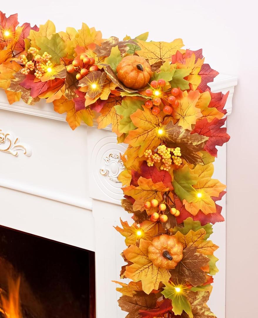 Fall Garland with Lights, 6 FT Fall Garland for Mantle, Fall Decorations with Maple Leaves Lifelike Pumpkins & Berries for Mantle Table Centerpiece Thanksgiving Fall Home Decor