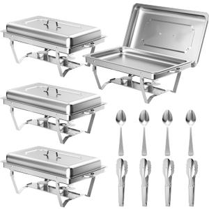 Chafing Dishes for Buffet 4 Pack, 9.5QT Stainless Steel Chafing Dish Buffet Set with Lid, Folding Stand and Spoon Clip, Buffet Food Warmers for Parties, Catering and Weddings