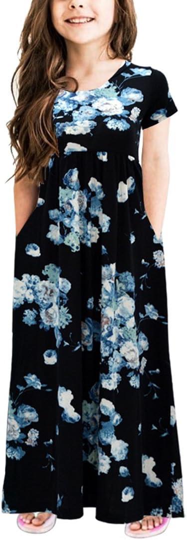 GORLYA Girl's Short Sleeve Floral Print Loose Casual Long Maxi Dress with Pockets 4-12 Years (Blue)