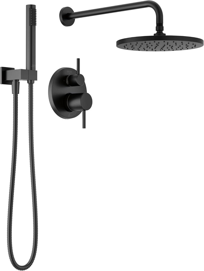 Delta Modern 14 Series Round Rain Shower System Faucet Set, Rainfall Matte Black Shower Head and Handle Set, Valve Trim Kit, 10 Inch, Matte Black T342702-BL (Valve Not Included)