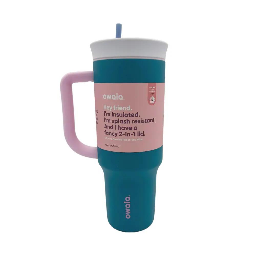 Owala Stainless Steel Triple Layer Insulated Travel Tumbler with Spill Resistant Lid, Straw, and Carry Handle, BPA Free, 40 oz, Green (Foggy Tide) No Tube