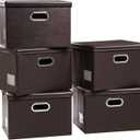 PRANDOM Large Stackable Storage Boxes with Lids [5-Pack] Leather Fabric Foldable Storage Bins Organizer Containers Baskets Cubes with Cover for Bedroom Closet Office Nursery Brown (17.7x11.8x11.8)