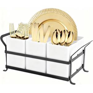 Silverware Caddy Metal Utensil Holder for Party Countertop Silverware Utensil Caddy Cutlery Flatware Organizer for Spoons Forks Plates Napkins white&Black