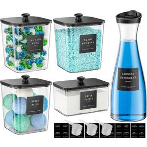 3+1+1 Pack Laundry Pods Container & Dryer Sheet Holder with Lid, 54OZ Liquid Soap Detergent Dispenser for Powder, Beads and Fabric Softener, Black Laundry Room Organization and Storage, 10 Labels