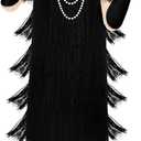 Girls 1920s Flapper Costume Set for Kids (10-12 Years) - Black, Faux Fur Materials, Authentic Accessories