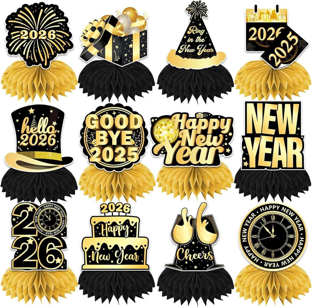 New Years Decorations 2026, 12 Pcs Happy New Year Decorations 2026 Honeycomb Centerpieces, New Years Table Decorations 3d Double Side Table Centerpieces, New Years Eve Decorations for Table