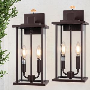 2-Pack 16" Large Dusk to Dawn Outdoor Wall Light Fixtures, 2-Light Exterior Front Porch Light, Brushed Bronze Outdoor Sconce Lights, Waterproof Farmhouse Lamp Lighting
