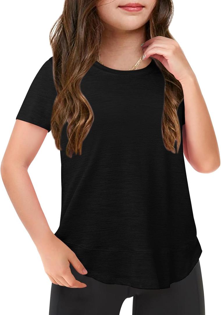 Haloumoning Girls Summer T Shirts Loose Curved Hem Short Sleeve Shirt Athletic Casual Tops Tees 4-14 Years, 140 (Black)