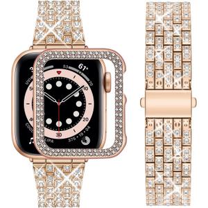 wutwuk Diamond Band with Bling Case Compatible with Apple Watch Bands for Women 42mm, Sparkly Metal Strap with Crystal Protective Bumper for iWatch Series 11 10, 42mm Rose Gold
