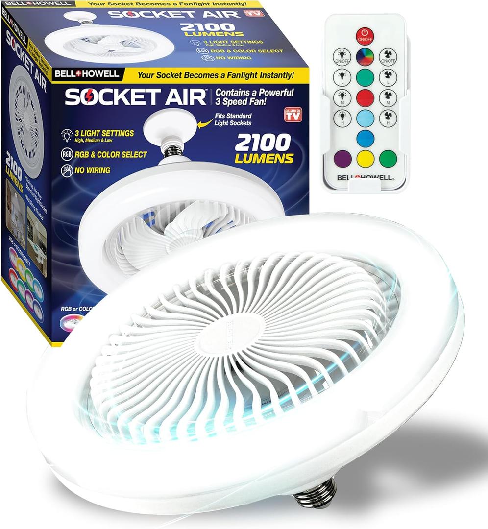 Bell+Howell Socket Air Wireless Ceiling Fan with Remote Control, 2100 Lumens,3 Fan Speed, 3 Light Settings, 6000 Hours Battery Life Span for Living, Dining, Working Space ASON TV (Deluxe), Small