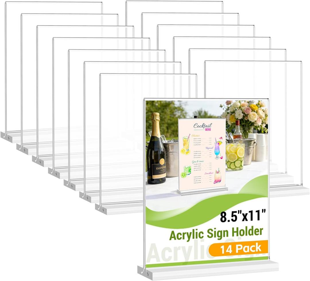 Dynta Acrylic Sign Holder 8.5 x 11 Inches 14 Pack Double Sided Clear Display Stand Vertical Table Sign Holder Plastic T Shape Document Menu Flyer Holder for Office Stores Restaurants Wedding Party