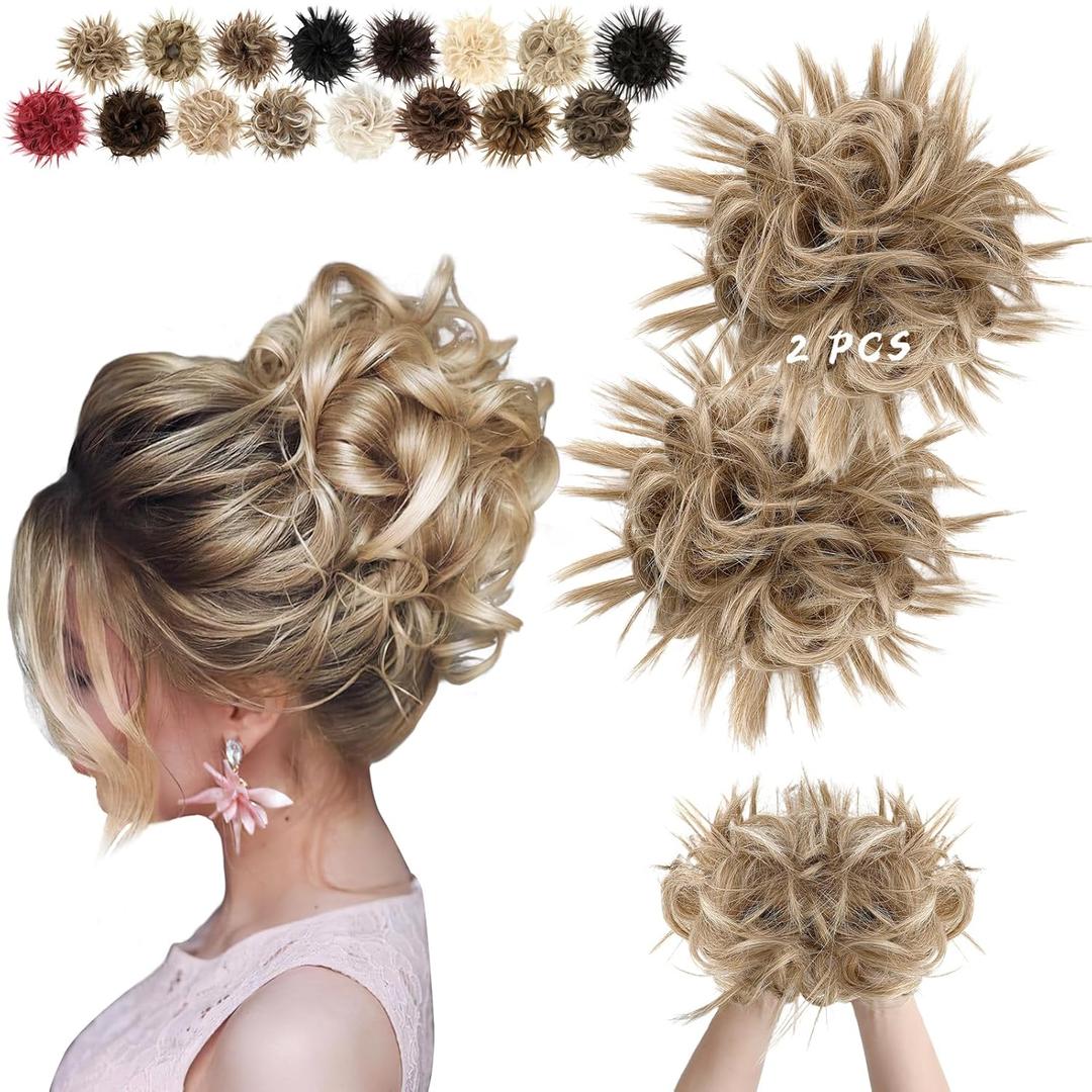 2PCS Messy Bun Hair Piece - Large Elastic Wavy Curly Hair Bun Scrunchies Ponytail Extensions Synthetic Chignon Thick Updo Hairpieces for Women 2.12oz each(Ginger Blonde & Bleach Blonde)