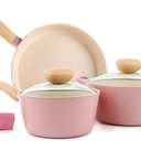 Neoflam Retro 5-Piece Ceramic Nonstick Cookware Set, PFOA Free Pots and Pans with Integrated Steam Vent Lid knob prevents boil over and Heat Resistant Silicone Grips for safer cooking at kitchen, Pink