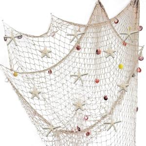 79 x 59 inch Nature Fish Net Wall Decoration with Colorful Sea Shells and 10 Pcs Natural Starfish Ocean Themed Mediterranean Style Fishing Net for Beach Party,Wedding,photography Wall Decoration (Beige)