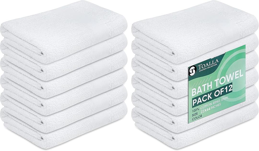 10 x White Bath Towels (Pack of 12, 22x44 Inches) - Economy, Lightweight, Quick Drying - Bulk Sets for Commercial Uses, Gym, Salon, Spa & Hair
