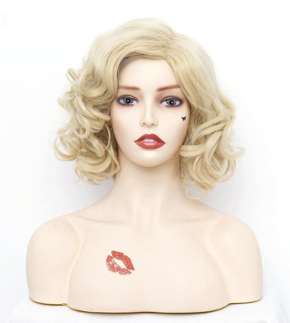 Short Blonde Wavy Wigs for Women Gold Curly Shoulder Length Natural Wig Synthetic Full Middle Part Wig for Role Play,Halloween,Daily Use