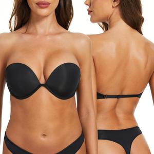 Women's Strapless Bra Push Up-Non Slip Invisible Underwire Low Back Multiway Support Padded Plunge Bra for Comfort Lift(Black, 34A) (Black)