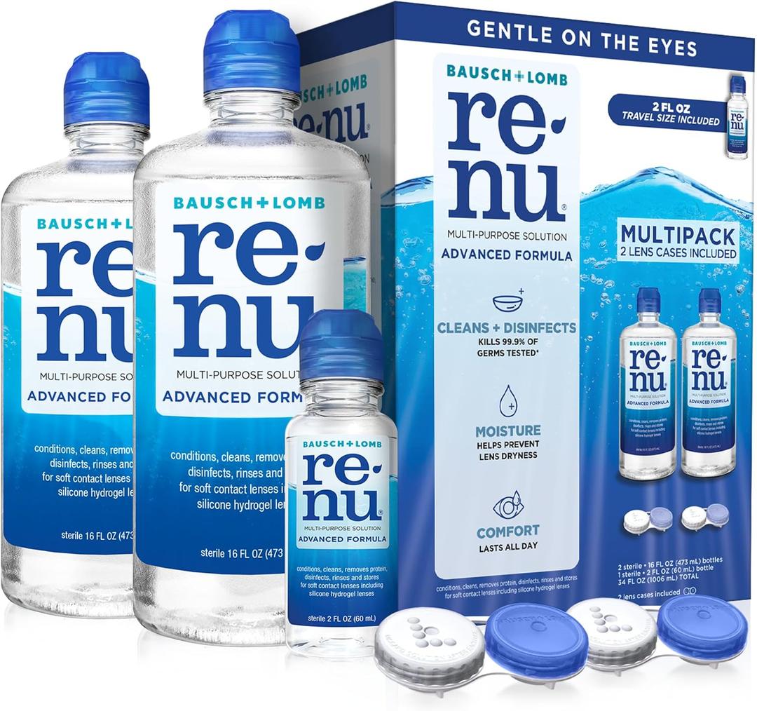Renu Contact Lens Solution, Advanced Formula, Multi-Purpose Solution with Lens Case, Gently Cleans, Disinfects, Moisturizes & Hydrates Soft Lenses, 16 Fl Oz (Pack of 2) + Travel Size 2 Fl Oz, BBD 2029/02/01