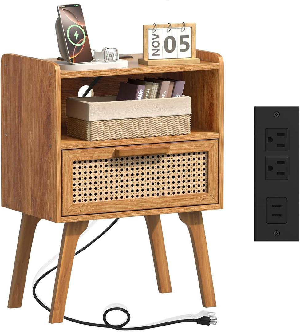 Lerliuo Rattan Nightstand with Charging Station, Side Table with Drawer, Cane Accent Bedside End Table with Solid Wood Legs, Night Stand for Bedroom, Dorm and Small Spaces (Tea Brown) (1 pack)