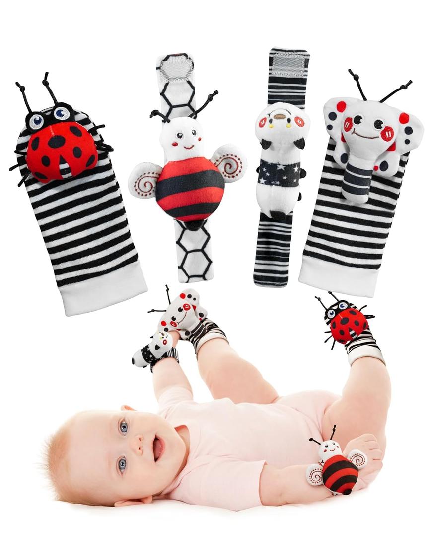Infinno High Contrast Baby Toys Infant Rattle Socks and Wristband Set, Ideal Baby Sensery Toy Gifts for Newborn 0-12 Months, Perpect Black and White Toys for Boys and Girls As Baby Shower Gifts,  Black & White
