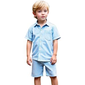 Boys Casual Hawaiian Shirts 2 Piece, Blue Button Down Shirt and Shorts Summer Beach Striped Clothes for kids (7 Years)