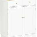HOMCOM Sideboard with Solid Wood Countertop, Modern Kitchen Storage Cabinet, Coffee Bar Cabinet with 2 Drawers, Doors and Adjustable Shelf, White (26.75" x 15.75" x 33.5")