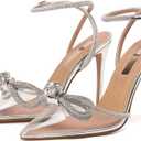 Bieosnli Women's Satin Lace Up High Heel Sandals Ankle Buckle Straps Pump Rhinestone Strip Bowknot Pointed Toe Stiletto Sandals, 7.5