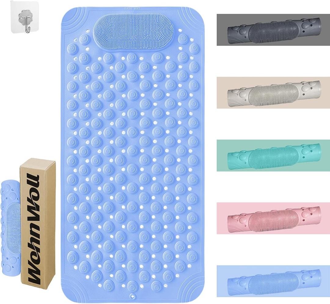 Bathtub and Shower Mats with Massage Brush, Non Slip Soft Bath Tub Mat with Suction Cups and Drain Holes for Bathroom Floor for Wet Areas, Quick Drying, 28x14 Inch, Blue