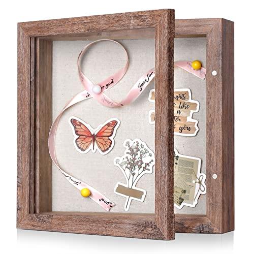 8x8 Shadow Box Frame with Linen Back - Sturdy Rustic Memory Display Case of Flower, Pictures, Medals and More, Rustic Brown