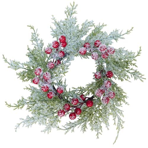 Winlyn 6 Pcs Artificial Snowy Cedar Candle Rings Red Berry Christmas Candle Holder Wreath Rings Mini Snowy Christmas Wreaths Faux Cedar Twigs Wreath 12.2” Wide for Winter Wedding Holiday Table Décor