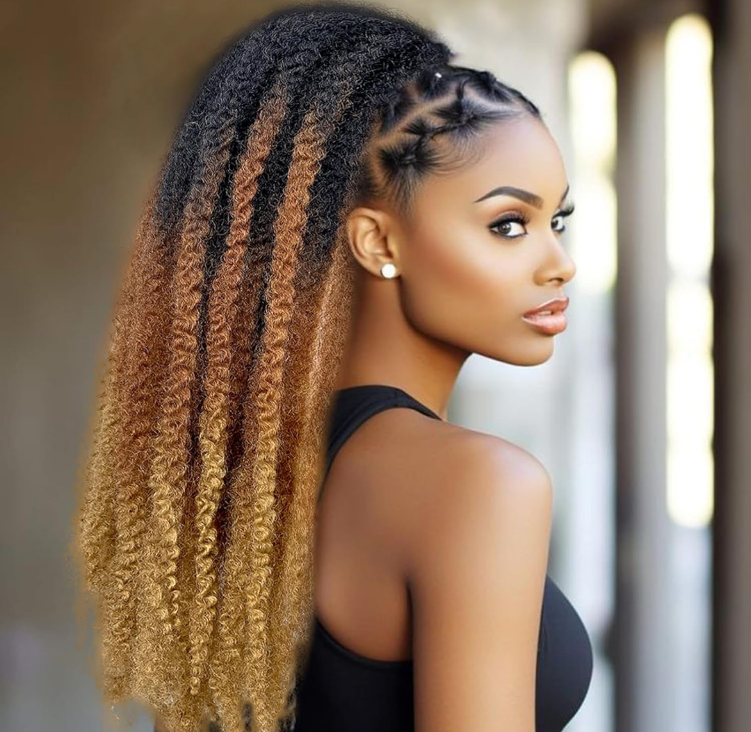 Long Marley Hair Ponytail Drawstring 18inch Synthetic Braid Hair Afro Kinky Ponytail Black Brown Marley Twist Braiding Hair Pony Jamaican Twist Hair Ponytail Extension for Women, 5 piece