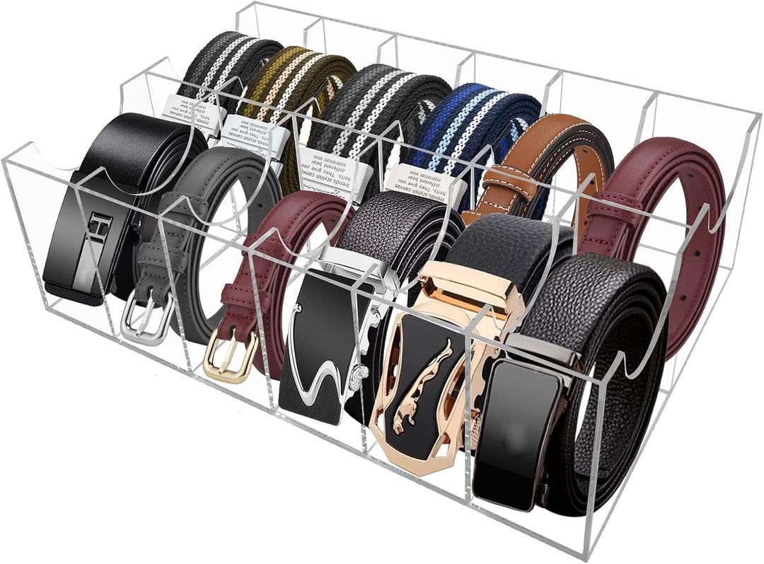 Belt Organizer, Acrylic 12 Compartments Belt Container Storage Holder, Acrylic Belt Display Storage Box, Clear Belt Display Case for Closet Tie and Bow Watch Jewelry Bracelets Ring Cosmetic