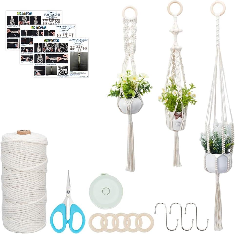 FREEBLOSS 3 Sets Macrame Plant Hanger Kit Macrame Wall Hanging Kit Macrame Plant Hangers Indoor Hanging Planter Basket Macrame Kit for Beginners with Video Tutorial