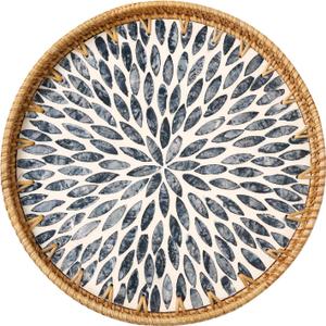 Round Rattan Tray with Mother of Pearl Inlay, Rattan Serving Tray for Coffee, Bread, Fruits, Decorative Wicker Tray for Table Decor, Home Decor, Kitchen Island Decor (Dark Blue Leaf, 11.8")
