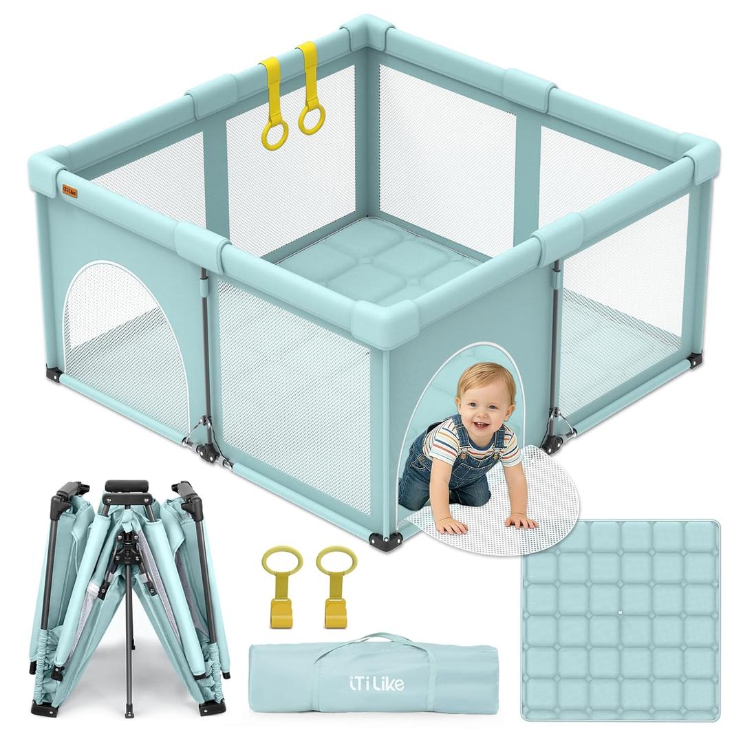 Foldable Baby Playpen, iTiLike Large Playard with Detachable Thickened Washable Water-Resistant Mat, Playpen for Babies and Toddlers, Play Pens with Gate, Indoor & Outdoor Portable Play Yard (Gen B -Green)