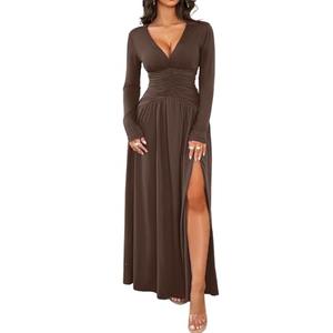 Kaei&Shi Long Sleeve Formal Dress,Deep V Neck High Slit Ruched Dresses for Women,Elegant Cocktail Wedding Guest Outfit (Brown, Small)