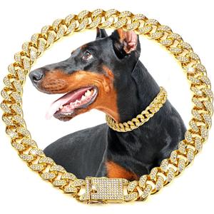 LEIFIDE Dog Chain Collar Gold 20 mm Wide Diamond Necklace for Medium Large Dogs (16 Inch)